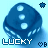 Blue die with three white dots, 'LUCKY' text below, and small star or heart symbols above and below the die on a light blue background.