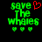 Green pixelated text $ave The Whales with three green hearts below, one red heart above on left; right side lacks red heart.