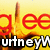 Pixelated image with red 'glee' text, white 'utney' text on black bar, and yellow-orange gradient background featuring a vertical brown shape.