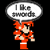 Pixelated character with spiky red hair and orange outfit stands against black background, two versions show speech bubble reading 'I like swords' while the other two show no bubble.