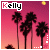 Pixelated sunset scene with palm trees and a yellow star, displaying 'Kelly' text in top-left corner