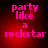 Four identical display pink text 'party like a rockstar' on a red gradient background with subtle circular patterns