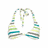 Five bikini tops displayed in a with varied patterns and solid colors, including striped, floral, and solid teal designs