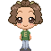 Pixel art character with brown curly hair and green shirt displaying multiple facial expressions including closed eyes and smiling mouth.