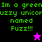 Green pixelated text reads "Im a green uzzzy unicorn named Fuzz!!!" with two star-shaped icons on black and purple backgrounds.