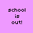 Pixelated text 'school is out!' on a purple background with blue highlight bars shifting across different lines in an animation.
