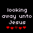 Pixelated text 'looking away unto Jesus' in white on black background with red heart symbols below, showing animation change in heart positions.