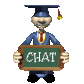 A pixelated character in a blue graduation gown and cap holds a green chalkboard with 'CHAT' text, standing against a gray background.