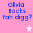 Pink background with blue text reading "Olivia Rocks Yah digg?" and white stars, two identical copies of the same design side-by-side.