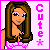 Pixel art buddy icon featuring a cartoon woman with long brown hair, green eyes, and pink eyeshadow wearing a white top with pink accents, next to vertical pink text reading "Cute" and a star symbol on a light background with bright pink border.