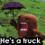 Pixelated character with brown hair and red mouth holds purple umbrella against green background with text 'He's a huck' at bottom.