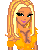 Pixel art of a blonde woman in yellow clothing with black bandana, orange background text 'HAPPY' and 'Halloween', gray