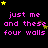 Pixelated text 'just me and these four walls' in pink with yellow stars on black background, animated star movement.