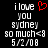 Pixelated text reads 'i love you sydney so much<3 5/2/08' with a red heart symbol replacing the word 'heart', displayed on black background.
