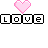 A 3x2 contact sheet of six animated frames showing a pixel art animation where the word "LOVE" is spelled with black-outlined white blocks, each frame featuring one pink block and a pink heart above the text.