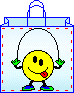 Yellow smiley face with black eyes and red tongue sticking out, wearing blue shoes with green soles inside a light blue shopping bag outline.