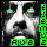 Pixelated grayscale image of a dog's face with green text overlays, showing two states where the dog's eyes change from green-lit to dark.