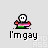 Pixelated character with rainbow flag torso and white face holding a small red object, surrounded by multiple rainbow arcs on gray background.