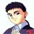 Pixelated character with dark hair and light skin wears a blue-collared shirt under a dark jacket with red accents, set against a split background of white and black.