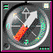 Animated compass with rotating red-and-white needle, green and yellow tick marks on a dark circular face within a square frame.