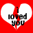 Red background with two white heart shapes, each containing black text 'i loved you' and a red vertical line through the center.