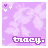 Pixelated purple background with white floral patterns and 'tracy.' text, featuring small heart symbols in top-left corner.