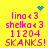 Yellow background with pink pixelated text and blue pixel art elements showing 'lina<3 shelko<3 11204 SKANKS!' in four identical , two with a heart above the text and two with scattered dots
