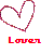 Pixelated heart outline in pink and purple hues above red text reading 'Lover' on white background.