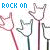 Animated sequence of hand gestures with 'ROCK ON' text in blue and dark purple, showing a red-handled microphone and silver microphones against white background.