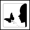 Black silhouette of a woman's profile facing left, with a black butterfly silhouette to her left and small black square particles floating between them on a white background.