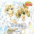 Two anime-style characters with blonde hair and blue eyes, one holding a red object above their head against a light background.
