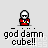 Pixelated character in red outfit with white helmet, holding multicolored cube; text 'god damn cubel!' below. Character raises arm then lowers it while emitting small colored particles.