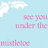 Light blue background with white clouds and pink pixelated text reading 'see you under the mailbox' in three lines.