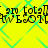Yellow background with cyan diamond pattern and repeating black text 'am tota] am tota] WELCO' in pixelated font