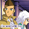 Animated sequence showing two anime-style characters with text 'I'm watching you' across the bottom, one with brown hair and a tan jacket, the other with white hair and green accents.