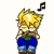 Pixelated character with spiky blonde hair, green undershirt, blue pants, and brown shoes, shown in multiple poses with musical notes above the head.
