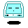 Pixelated light blue computer monitor with black horizontal lines for eyes and a small mouth, displayed on a gray background with black base.