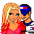 Pixelated cartoon-style icon showing two figures: a blonde woman in pink top and black pants, and a man in blue cap with red/white stripe, red shorts, and white socks.