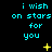 Pixelated cyan text 'i wish on stars for you' repeated across a black background with yellow star symbols in various positions.