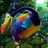 Pixelated image of a colorful bird with yellow beak, blue body, orange and purple accents, set against green foliage background.
