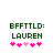 Green pixelated text BFFTLD: LAUREN above five pink hearts on white background, with heart positions shifting between frames.
