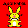 Yellow cartoon rabbit with pink nose and white belly on red background, text "Adorkable." above it