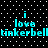 Pixelated cyan text on black background with white dots, repeating 'i love tinkerbell' in two
