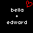 Red pixelated heart symbol above white text reading 'bella' and 'edward' with a plus sign between them on black background.