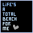 Pixelated text reads "LIFE'S A TOTAL BEACH FOR ME" on black background with animated heart symbols appearing and disappearing.