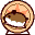 Pixelated circular icon with brown base, white curved section, and orange star-like shape on top; three views show slight rotation of the central element.
