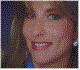 Three pixelated portrait images of a woman with long dark hair, varying facial expressions, and different background colors.