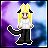 Pixel art buddy icon of a character with long yellow hair, black cow-like horns, and a cat tail against a purple-blue gradient background.