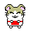 Pixel art hamster with light brown top, white face and body, pink inner ears, black eyes, red belt-like shape across midsection, small white feet on gray background.