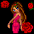 Pixel art contact sheet showing two frames of an animated icon featuring a female character with long brown hair, blue eyes, and a pink dress holding red roses against black background.
